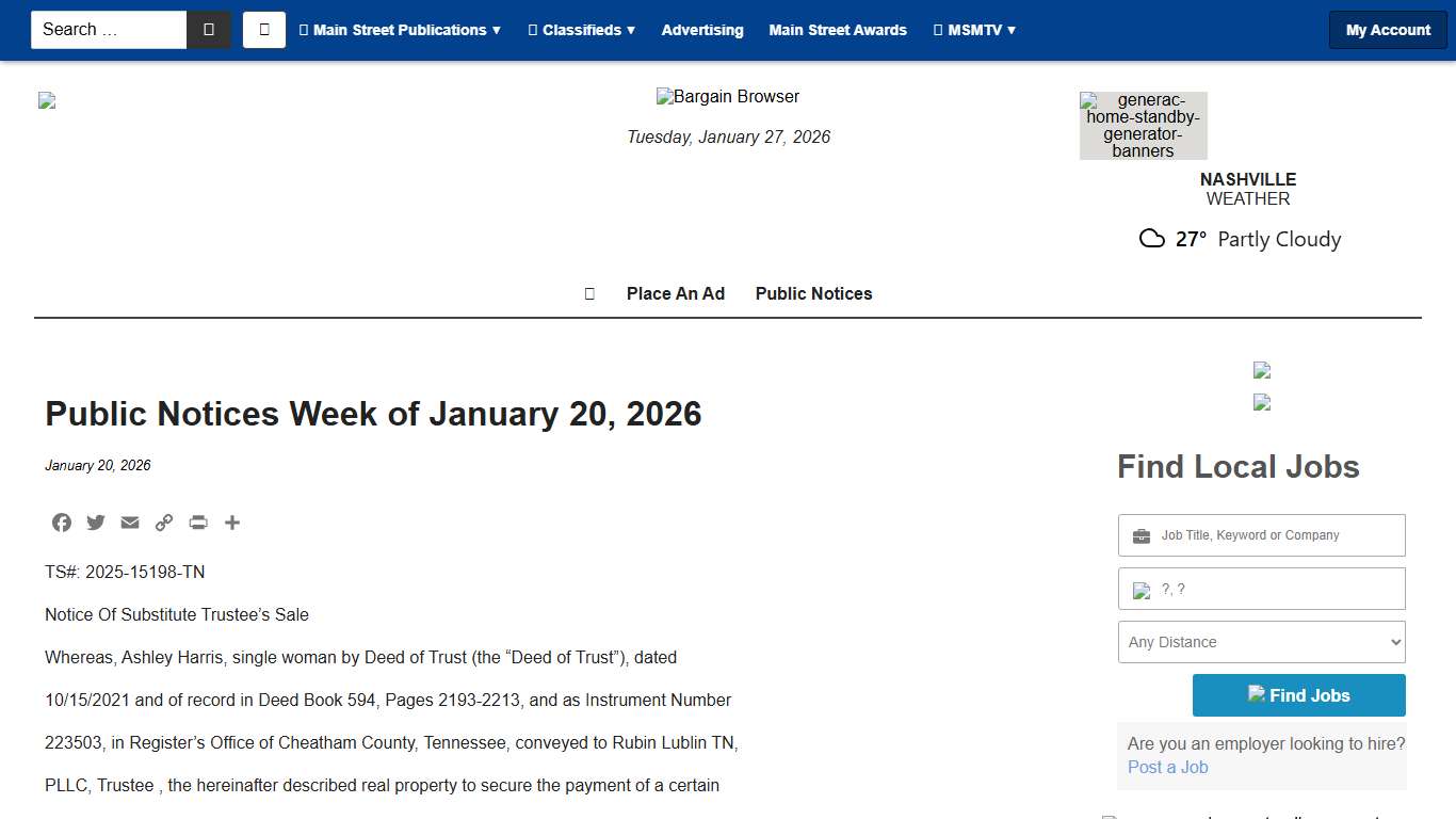 Public Notices Week of January 20, 2026 - Main Street Media of Tennessee