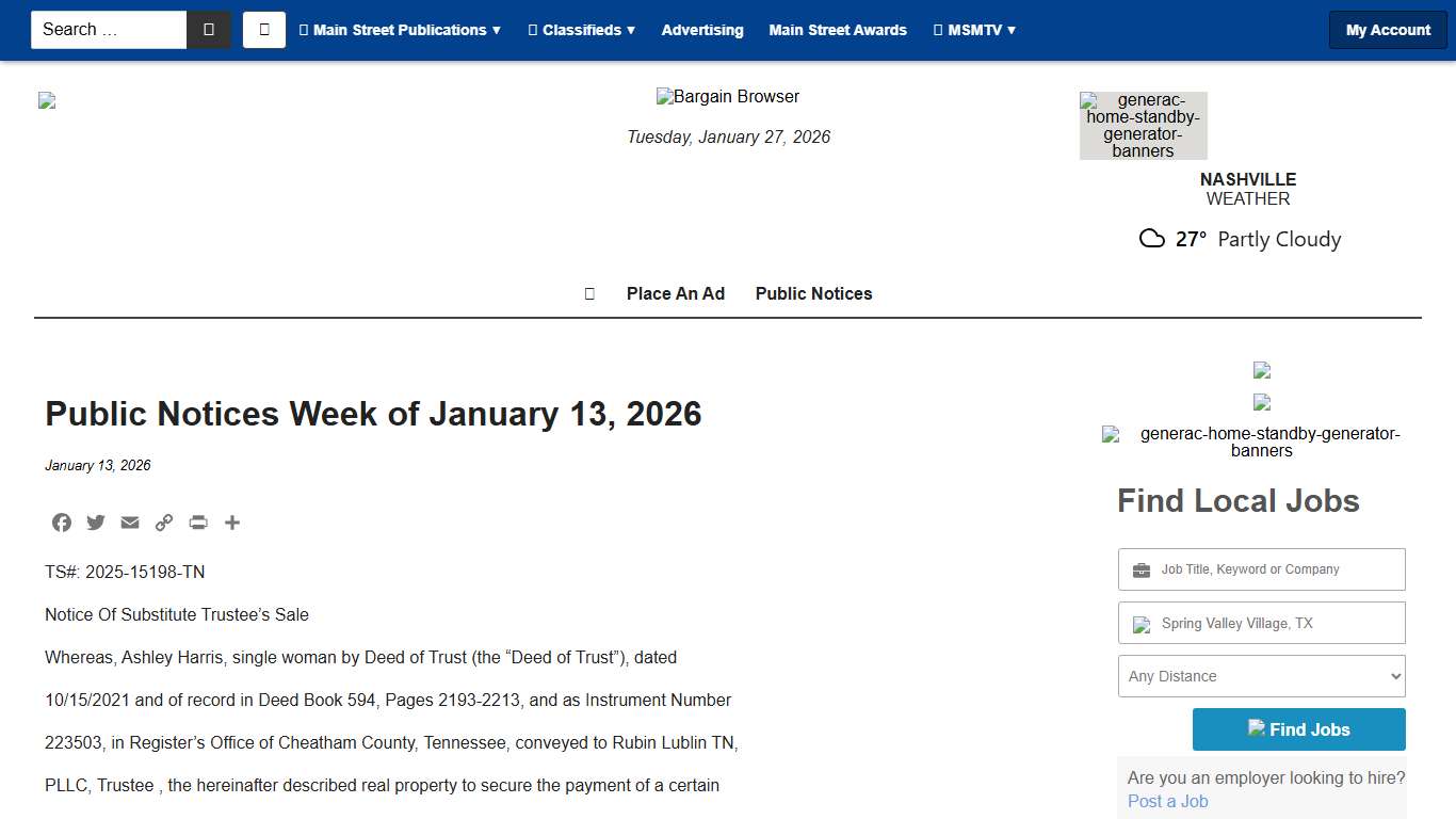 Public Notices Week of January 13, 2026 - Main Street Media of Tennessee